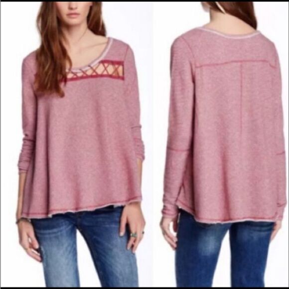 Free People Lacey Love Cutout Top French Terry Soft Berry Stripe Pullover - Picture 7 of 15